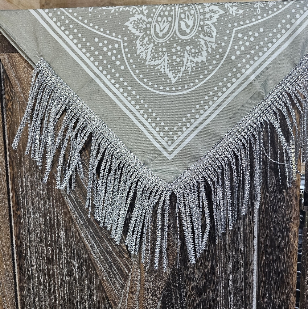 NWT Green Grey Satin Bandana Wild Rag with Beaded Rhinestone Fringe